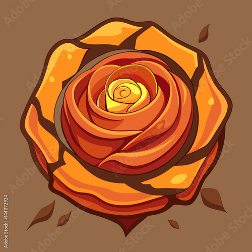 A rose surrounded by a circle featuring a vibrant yellow and red center.