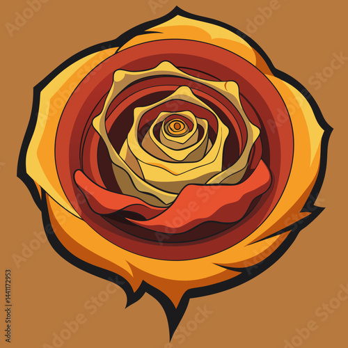 A rose surrounded by a circle featuring a vibrant yellow and red center.