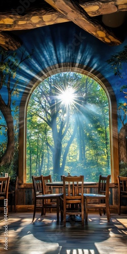 Sunlight streams through a whimsical arched window  illuminating a cozy dining area