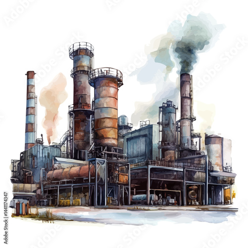 illustration of Industrial District In The City, watercolor vector, isolated on a white background.