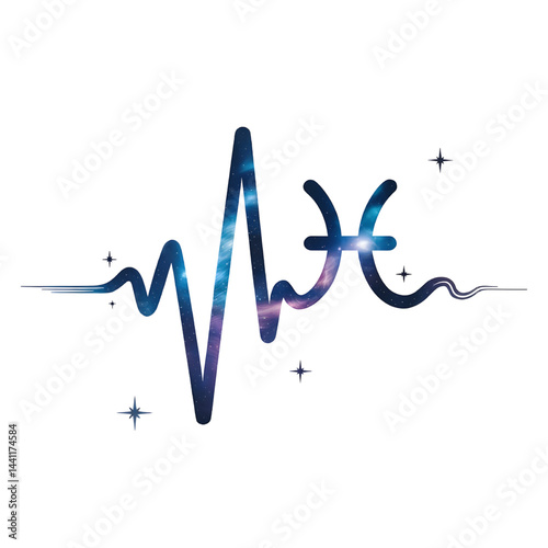 Vibrant Abstract Design: Pisces Astrological Sign Blends Heart Rate Symbol with Cosmic Galaxy Patterns in a Modern Wellness Illustration