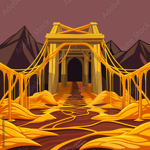 An illustration of a bridge featuring a golden gate, set against a clear blue sky.