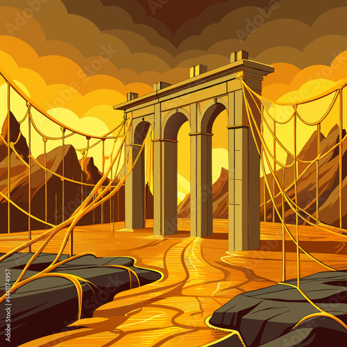 An illustration of a bridge featuring a golden gate, set against a clear blue sky.