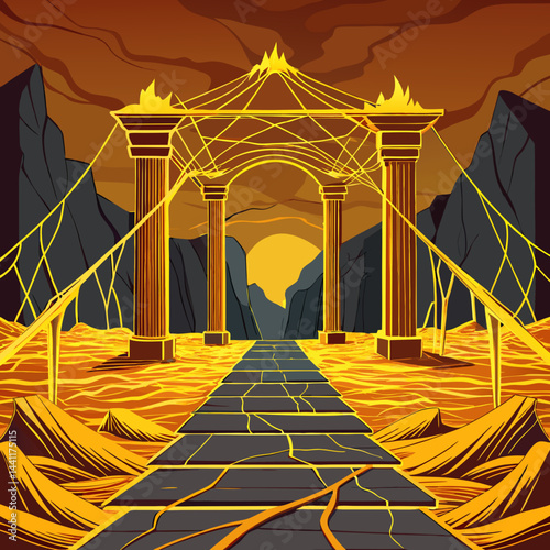 An illustration of a bridge featuring a golden gate, set against a clear blue sky.