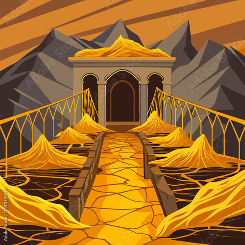 An illustration of a bridge featuring a golden gate, set against a clear blue sky.