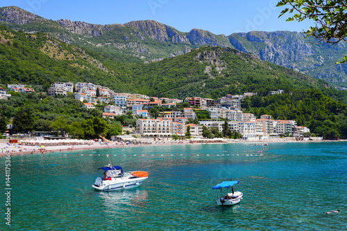 Beachfront hotels on Sveti Stefan Beach near Budva on the Montenegrin riviera, along the coast of the Adriatic Sea