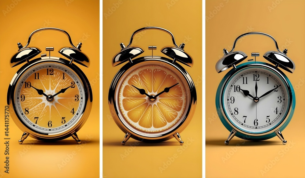 Fruity Timepieces – Modern Wall Art for Kitchen or Café. Vintage Citrus Alarm Clock Art