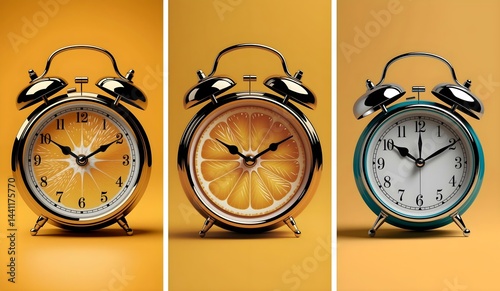 Obraz na płótnie Fruity Timepieces – Modern Wall Art for Kitchen or Café. Vintage Citrus Alarm Clock Art w salonie