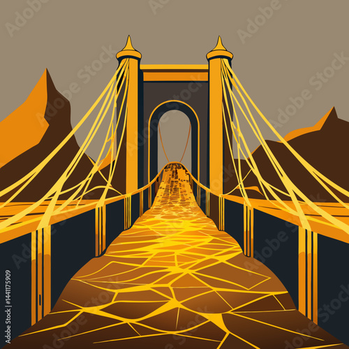 An illustration of a bridge featuring a golden gate, set against a clear blue sky.