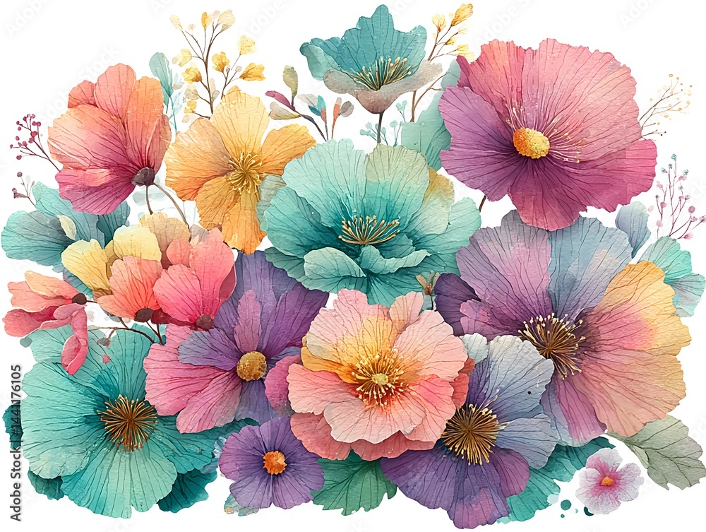custom made wallpaper toronto digitalColorful watercolor flower illustration with soft tones of bright colors on a white background
