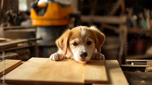 Curious puppy peeking over wooden boards in a cozy workshop setting.