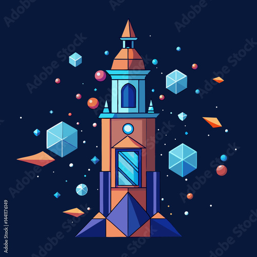 Illustration of a whimsical tower adorned with purple flowers and twinkling stars in a night sky.