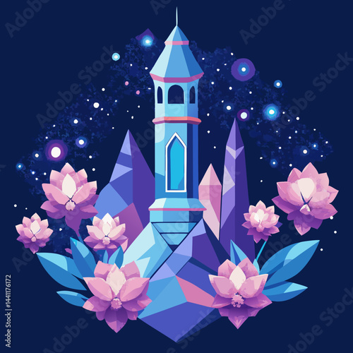 Illustration of a whimsical tower adorned with purple flowers and twinkling stars in a night sky.