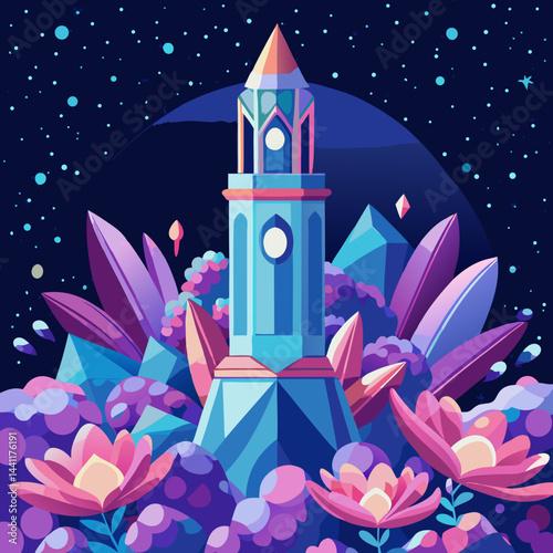 Illustration of a whimsical tower adorned with purple flowers and twinkling stars in a night sky.