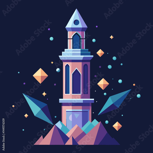 Illustration of a whimsical tower adorned with purple flowers and twinkling stars in a night sky.