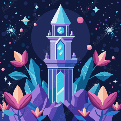Illustration of a whimsical tower adorned with purple flowers and twinkling stars in a night sky.