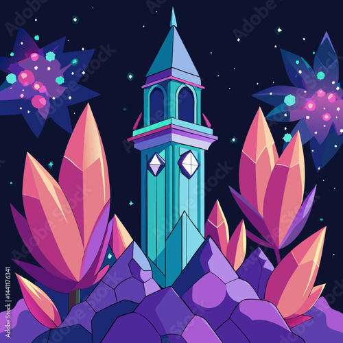 Illustration of a whimsical tower adorned with purple flowers and twinkling stars in a night sky.