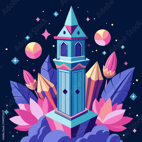 Illustration of a whimsical tower adorned with purple flowers and twinkling stars in a night sky.