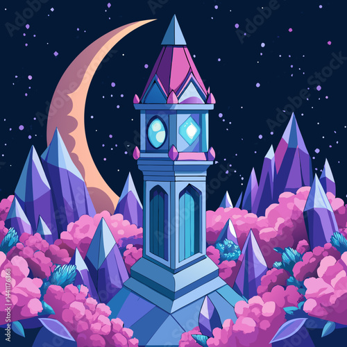 Illustration of a whimsical tower adorned with purple flowers and twinkling stars in a night sky.