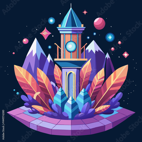 Illustration of a whimsical tower adorned with purple flowers and twinkling stars in a night sky.