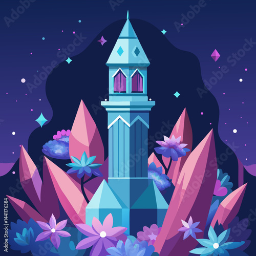 Illustration of a whimsical tower adorned with purple flowers and twinkling stars in a night sky.