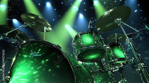 Green drum kit, stage lights, concert (1)