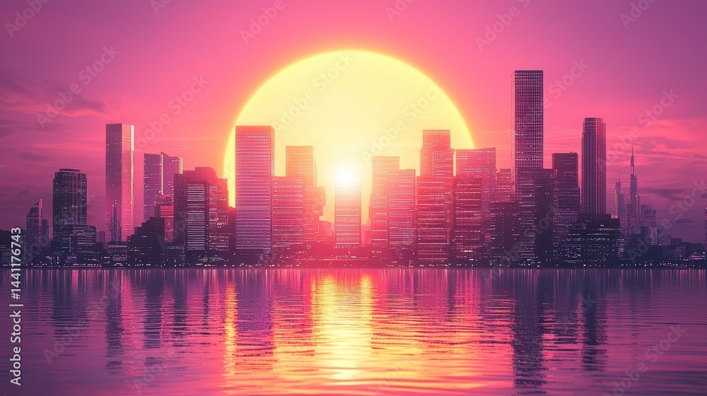 Obraz premium Cityscape Sunset Vibrant Urban Skyline at Golden Hour