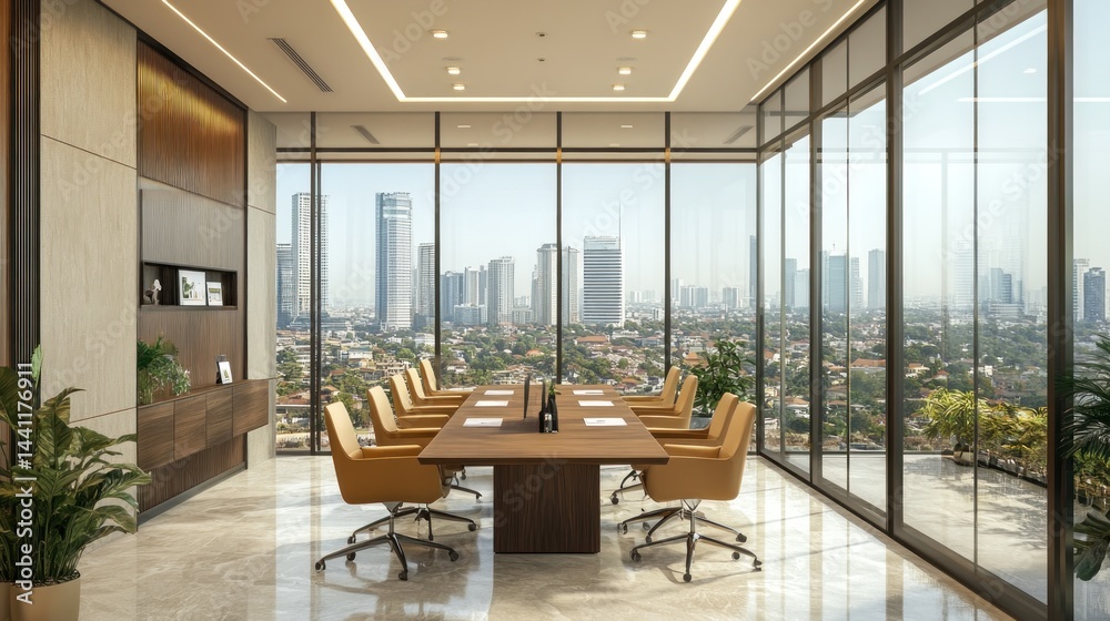 Fototapeta premium Modern office meeting, city view