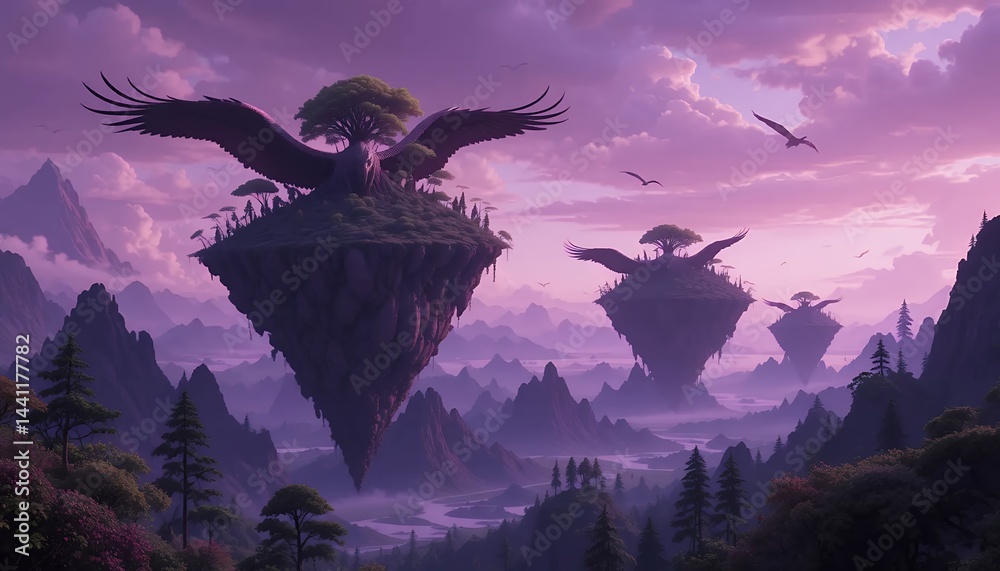 Fototapeta premium Giant Birds Carry Island Landscapes in Surreal Violet Sky