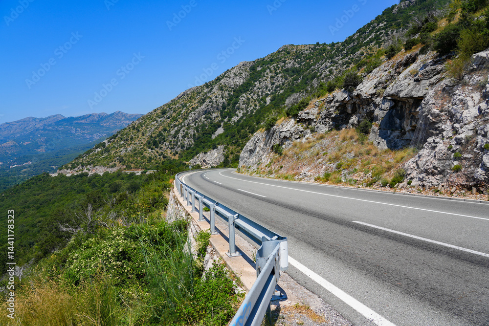 Scenic highway along the coast of the Adriatic Sea in Montenegro between Budva and Bar