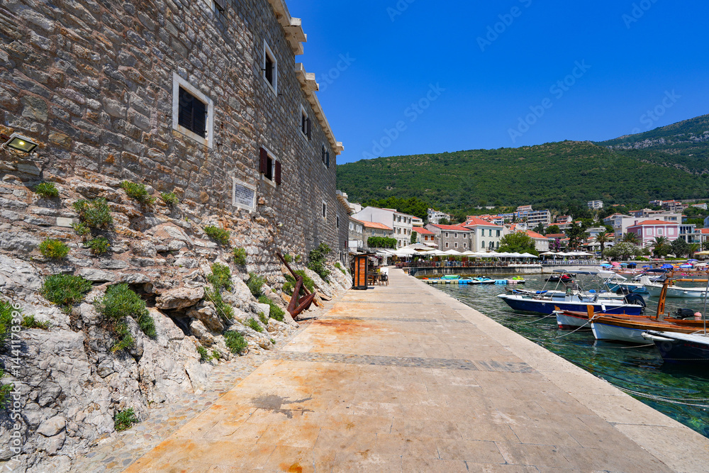Kastio Castle built on a peninsula in Petrovac na Moru, a resort town located on the coast of the Adriatic Sea in Montenegro