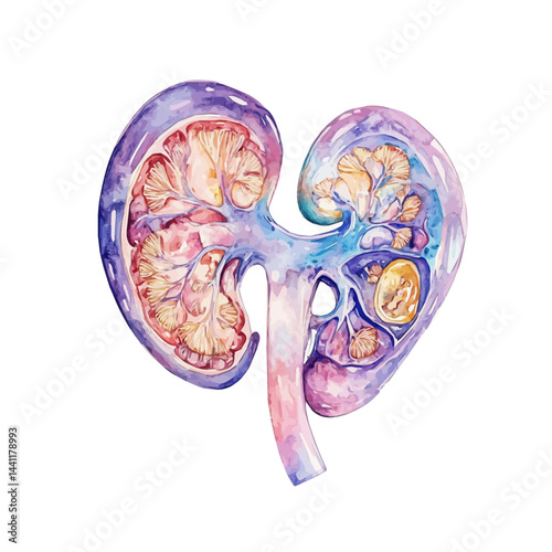 Human Kidney With Internal Structures, vector watercolor illustration, isolated on a white background.