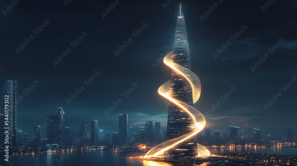 Obraz premium Futuristic spiral skyscraper illuminated in a glowing modern cityscape high resolution picture. Thought Spiral. Illustration
