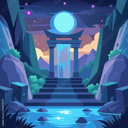 An oriental arch stands over water, with mountains silhouetted against a starry night sky.