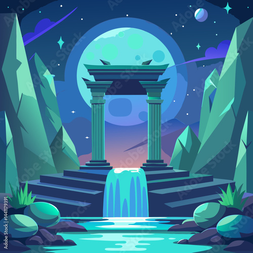 An oriental arch stands over water, with mountains silhouetted against a starry night sky.