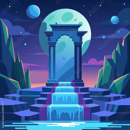 An oriental arch stands over water, with mountains silhouetted against a starry night sky.