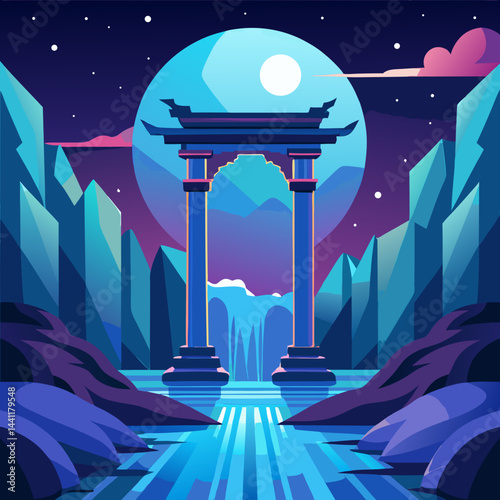 An oriental arch stands over water, with mountains silhouetted against a starry night sky.