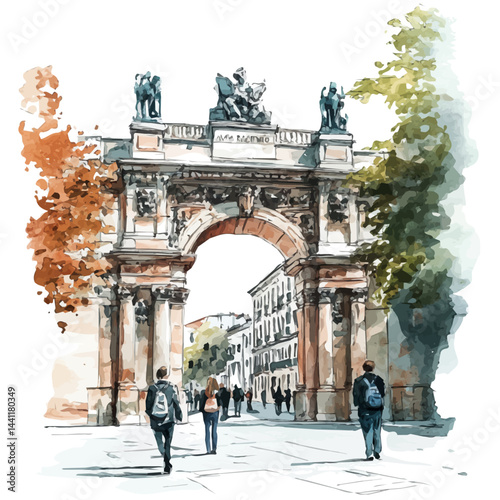Historic City Gate With Pedestrians, vector watercolor illustration, isolated on a white background.