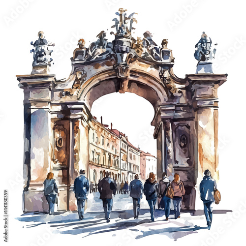 illustration of Historic City Gate With Pedestrians, watercolor vector, isolated on a white background.