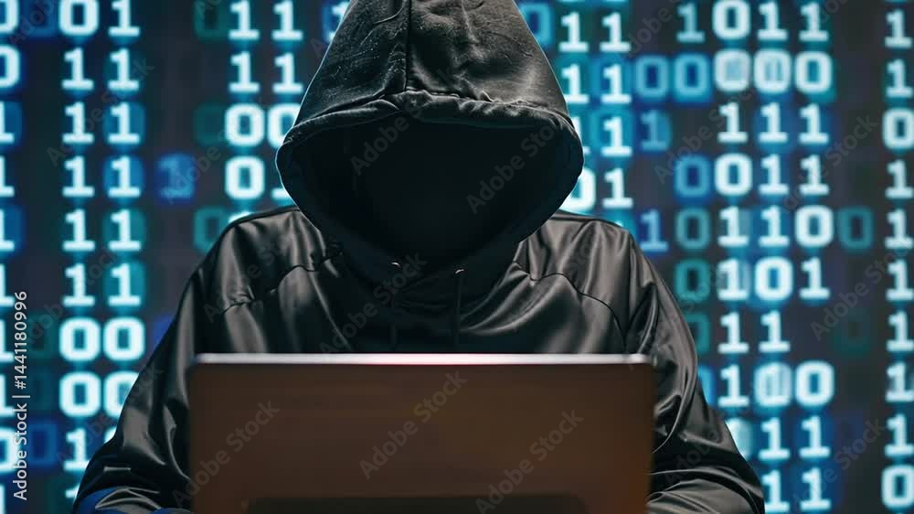 Cybersecurity threat concept with hacker using laptop to commit crimes
