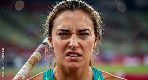 Close up of determined athlete pole vaulter sweating during competition at track and field event . facial expressions, athletics.