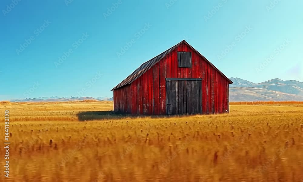 Vibrant red barn standing alone in a golden wheat field under a clear blue sky Vibrant red barn standing alone in a golden wheat field under a clear blue sky