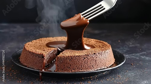 Decadent chocolate cake with molten center being sliced, steam rising, perfect for dessert lovers