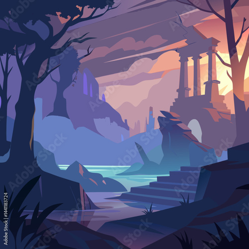 A vibrant forest illustration with a majestic castle rising in the background, surrounded by lush greenery.
