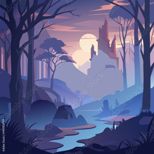 A vibrant forest illustration with a majestic castle rising in the background, surrounded by lush greenery.