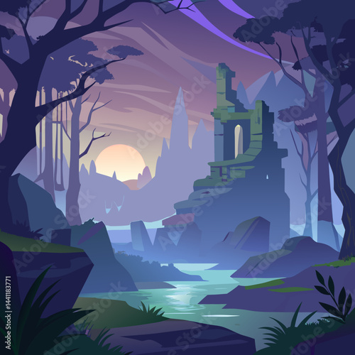 A vibrant forest illustration with a majestic castle rising in the background, surrounded by lush greenery.
