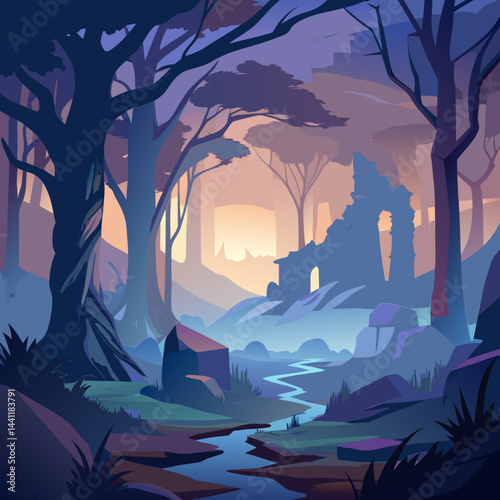 A vibrant forest illustration with a majestic castle rising in the background, surrounded by lush greenery.