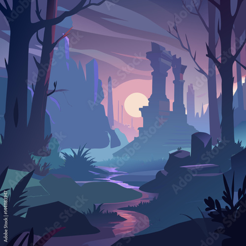 A vibrant forest illustration with a majestic castle rising in the background, surrounded by lush greenery.