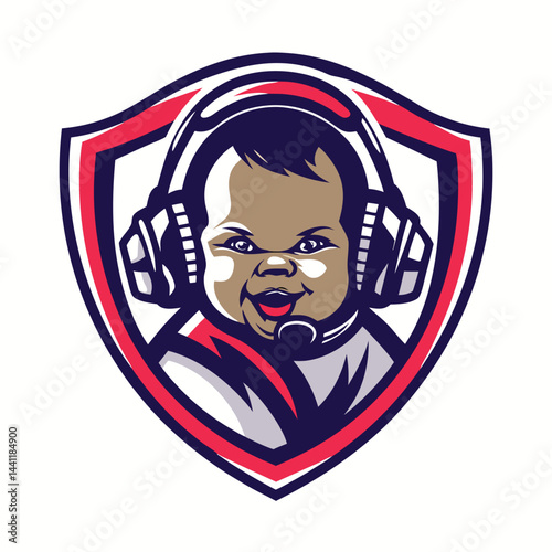 Smiling baby wearing headphones