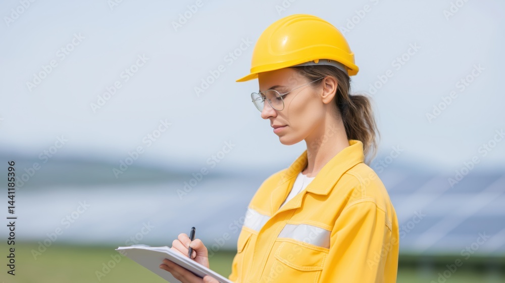 Woman in yellow work attire takes notes while standing near solar panels on a sunny day.